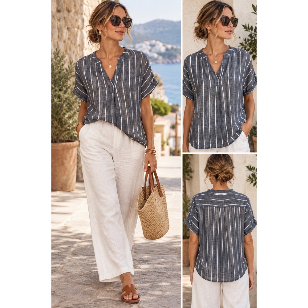 Studio West Striped Blouse M Coastal European Summer Cotton Viscose Relaxed Top